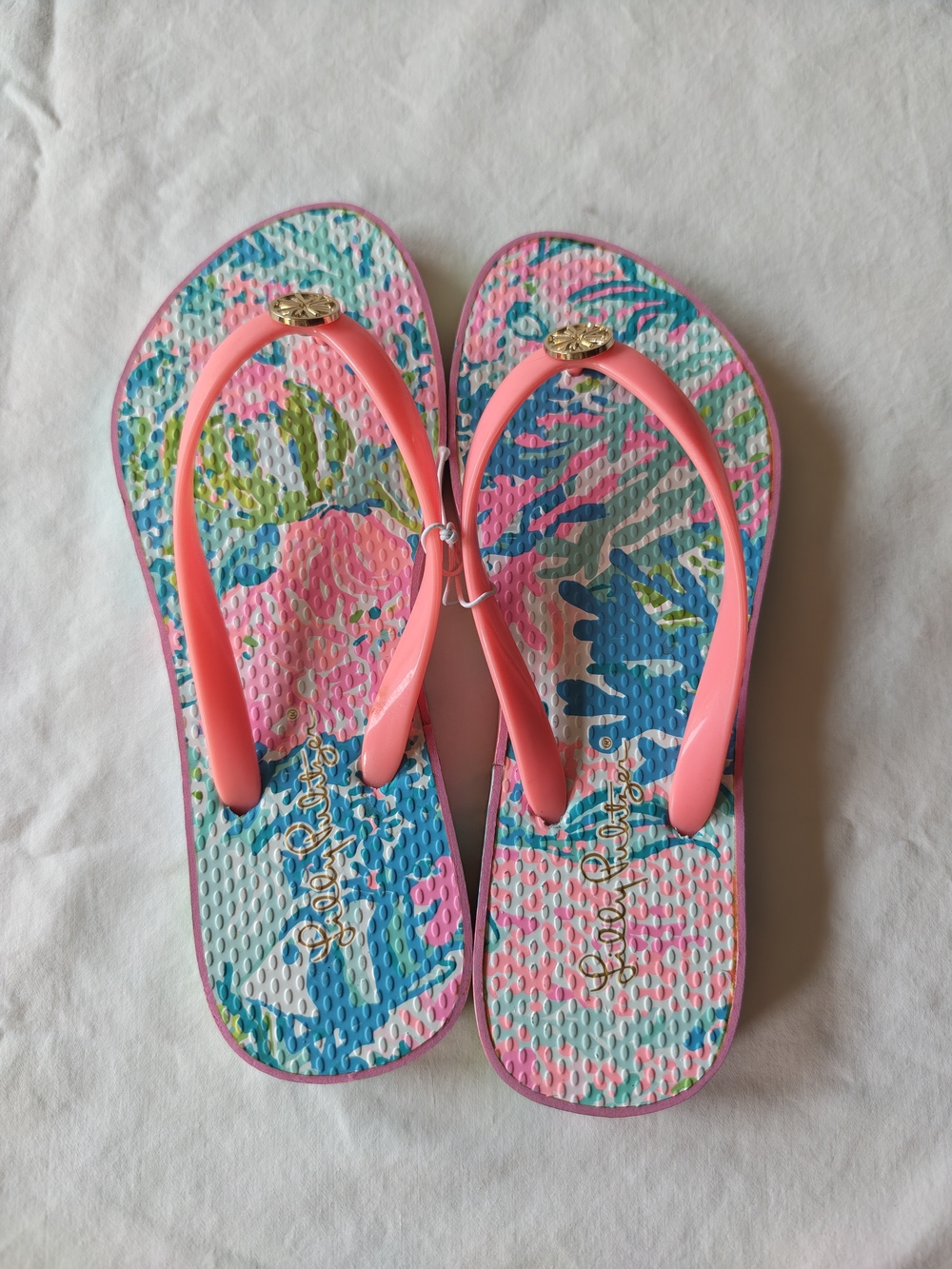 Lilly Pulitzer Girls Pink Tropical Flip Flops - Kids Beach Sandals Size 5/6